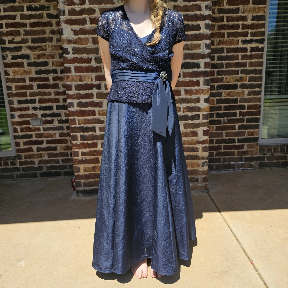 David's Bridal Blue Pleated Maxi Dress for Weddings